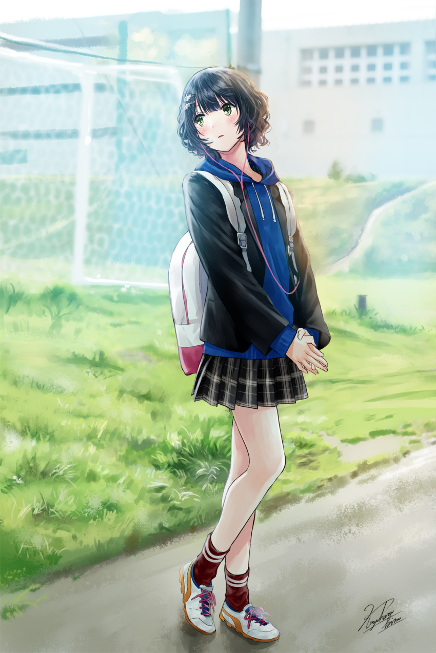 1girl ankle_socks backpack bag black_hair blazer blush commentary earphones grass green_eyes highres hood hoodie jacket kazuharu_kina looking_back original outdoors plaid plaid_skirt pleated_skirt school school_uniform shoes short_hair signature skirt sneakers solo uniform