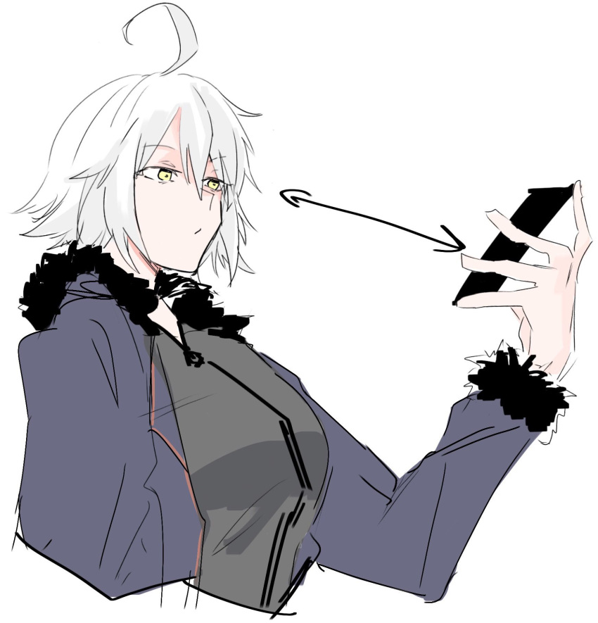 ahoge black_dress cellphone commentary_request dress eyebrows_visible_through_hair fate/grand_order fate_(series) fur_trim highres jeanne_d'arc_(alter)_(fate) jeanne_d'arc_(fate)_(all) phone pout pouty_lips sayota short_hair silver_hair sketch smartphone wicked_dragon_witch_ver._shinjuku_1999 yellow_eyes