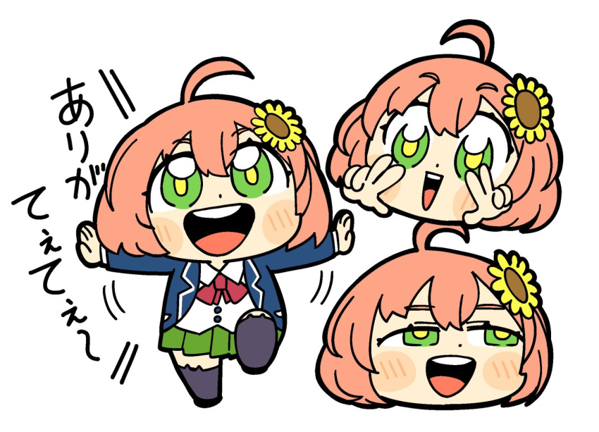 1girl :d ahoge animal_band_legwear bangs bkub black_footwear blazer blue_jacket blue_legwear blush blush_stickers bow bowtie buttons cat_band_legwear chibi collared_shirt commentary dot_nose double_v eyebrows_visible_through_hair flower full_body green_eyes green_skirt hair_between_eyes hair_flower hair_ornament half-closed_eyes honma_himawari jacket medium_hair motion_lines multiple_views nijisanji open_mouth orange_hair outstretched_arms pleated_skirt red_bow red_neckwear school_uniform shirt shoes simple_background skirt smile standing standing_on_one_leg sunflower_hair_ornament thigh-highs translated triangle_mouth upper_teeth v virtual_youtuber white_background wing_collar