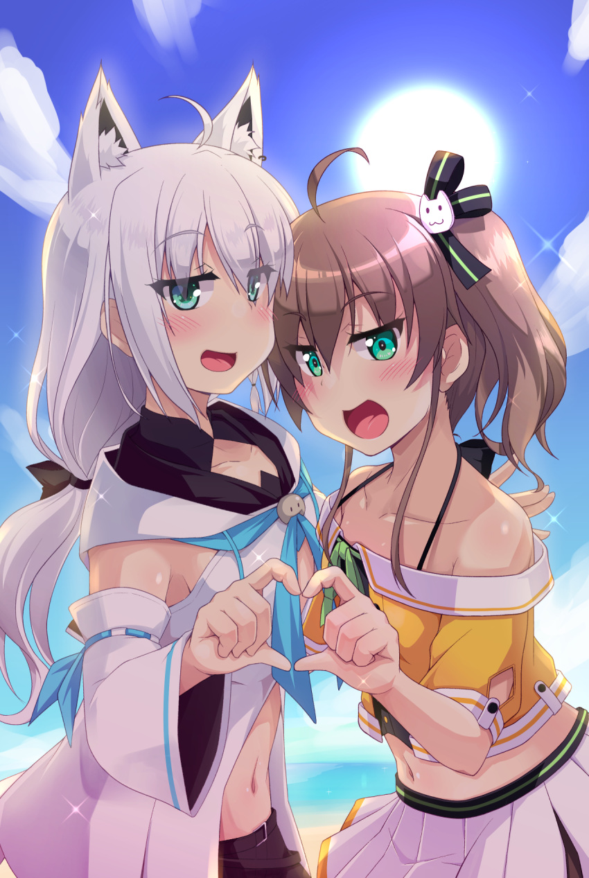 2girls ahoge animal_ear_fluff animal_ears bangs bare_shoulders beach black_ribbon blue_sky blush breasts brown_hair collarbone commentary cowboy_shot crop_top detached_sleeves eyebrows_visible_through_hair fox_ears fox_girl fox_tail green_eyes green_ribbon hair_between_eyes hair_ornament heart heart_hands heart_hands_duo highres hololive jacket long_hair long_sleeves looking_at_viewer miniskirt multiple_girls natsuiro_matsuri navel ocean open_mouth orange_jacket outdoors pleated_skirt ribbon shirakami_fubuki short_sleeves side_ponytail skirt sky small_breasts smile sun tail virtual_youtuber white_hair white_skirt wide_sleeves yoru_no_night