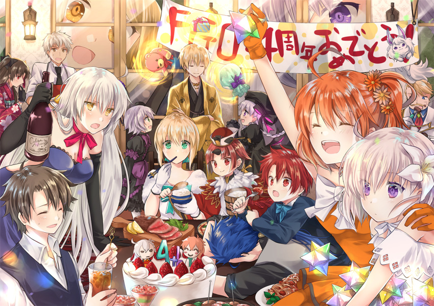 6+boys 6+girls :d ^_^ ahoge alexander_(fate/grand_order) anniversary archer arm_up artoria_pendragon_(all) banner benienma_(fate/grand_order) bird_hat black_dress black_gloves black_hair black_headwear blonde_hair blue_bow blue_dress blue_hair bottle bow bowtie braid braided_bun brown_eyes brown_hair bucket cake chopsticks closed_eyes closed_mouth crossed_arms cup cutting_board dress drinking_glass eating elbow_gloves everyone fate/apocrypha fate/extra fate/extra_ccc fate/grand_order fate/stay_night fate_(series) flower food fork formal fou_(fate/grand_order) fruit fujimaru_ritsuka_(female) fujimaru_ritsuka_(male) gate_of_babylon giantess gift_bag gilgamesh gloves goldorf_musik hair_flower hair_ornament hand_on_another's_shoulder hands_clasped haori hat hat_bow holding holding_bottle horn indoors iroha_(shiki) ishtar_(fate/grand_order) jack_the_ripper_(fate/apocrypha) japanese_clothes jeanne_d'arc_(alter)_(fate) jeanne_d'arc_(fate)_(all) kimono kingprotea lancer lantern lily_(flower) long_hair looking_at_viewer mash_kyrielight meat multiple_boys multiple_girls noodles nursery_rhyme_(fate/extra) ohitsu olga_marie_animusphere open_mouth orange_dress orange_gloves own_hands_together party paul_bunyan_(fate/grand_order) plate ponytail popped_collar purple_bow purple_hair red_bow red_eyes redhead rice_spoon romani_archaman saber saint_quartz side_ponytail smile strawberry stuffed_animal stuffed_toy suit teddy_bear vest violet_eyes waist_bow white_bow white_gloves white_hair window wine_bottle yellow_eyes yukata