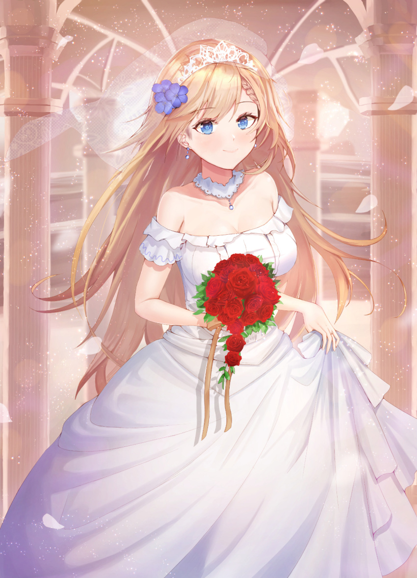 1girl bangs bare_shoulders blonde_hair blue_eyes blush bouquet braid breasts bridal_veil bride choker commentary_request dress earrings eyebrows_visible_through_hair flower g36_(girls_frontline) girls_frontline hair_between_eyes hair_ornament highres holding holding_bouquet jewelry light_particles long_hair looking_at_viewer medium_breasts necoring862 off-shoulder_dress off_shoulder red_flower red_rose ring rose sapphire_(gemstone) sidelocks skirt_hold smile solo veil very_long_hair wedding_dress wedding_ring white_dress
