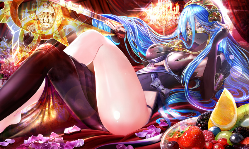 1girl aqua_(fire_emblem_if) aqua_hair bare_legs black_gloves black_legwear blackberry_(fruit) blueberry breasts bridal_gauntlets candle candlestand covered_navel crossed_legs curtains face_mask fingerless_gloves fire_emblem fire_emblem_if food fruit gloves grapes highres kiwi_slice leotard long_hair looking_at_viewer lying mask medium_breasts on_back orange orange_slice petals raspberry single_thighhigh solo staff strawberry taut_clothes thigh-highs thighs tongari veil yellow_eyes