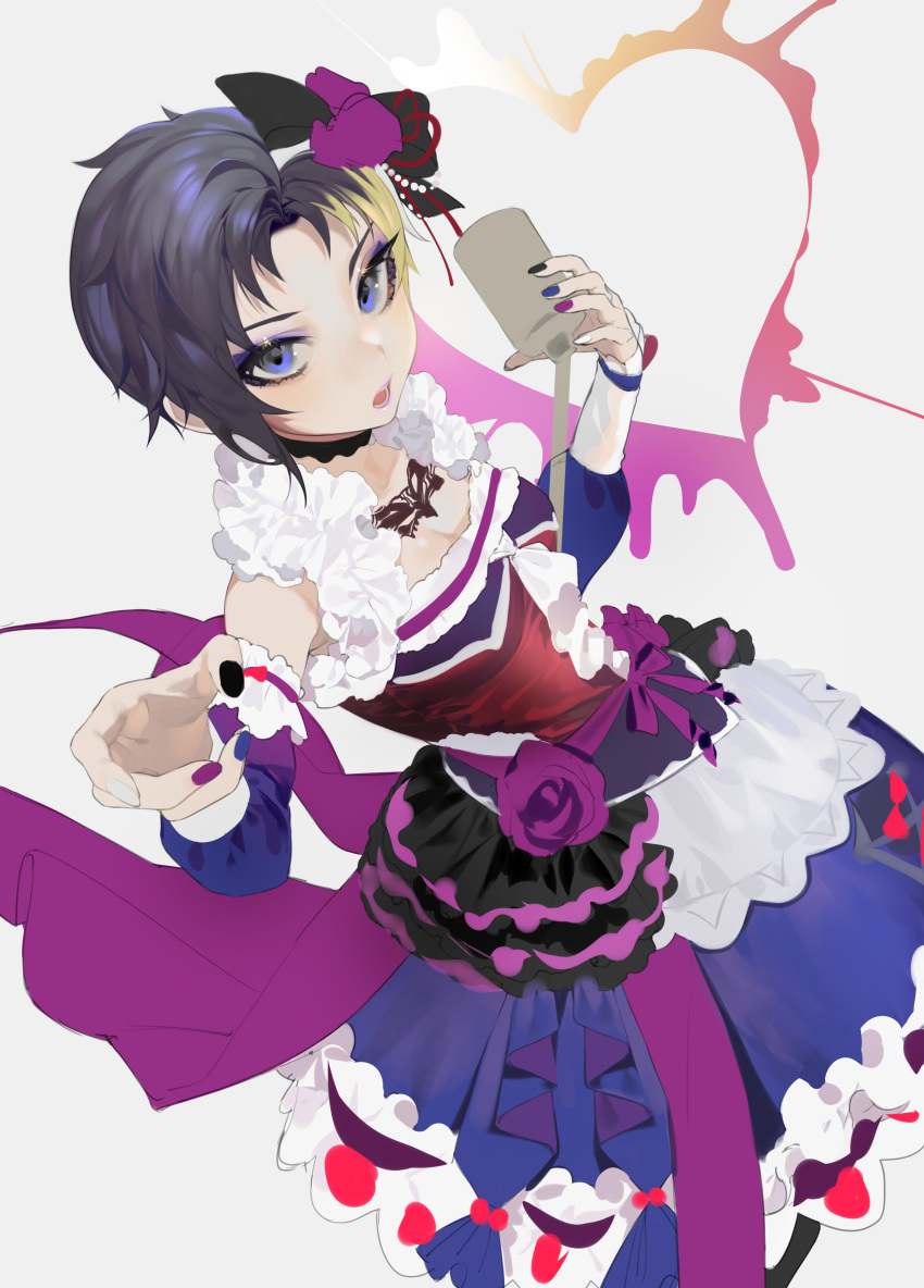 1girl absurdres black_hair blonde_hair blue_eyes bow character_request dress eyeliner eyeshadow flower frilled_dress frills grey_background hair_bow heart highres idol lipstick looking_at_viewer makeup microphone multicolored multicolored_hair multicolored_nails nail_polish ohisashiburi open_mouth purple_flower purple_ribbon purple_rose reaching_out ribbon rose shining_star short_hair solo two-tone_hair