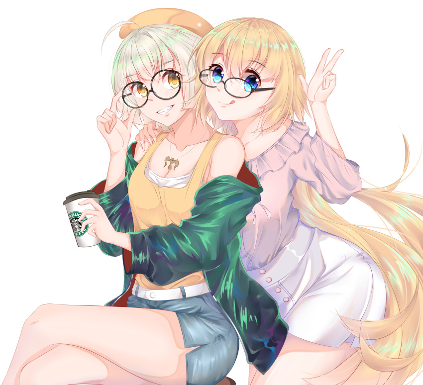 2girls absurdres alternate_costume bangs bare_shoulders belt blonde_hair blouse blue_eyes blurry board_game breasts coffee_cup commentary cup disposable_cup fate/apocrypha fate/grand_order fate_(series) frilled_shirt_collar frills glasses go grin highres jacket jeanne_d'arc_(alter)_(fate) jeanne_d'arc_(fate) jeanne_d'arc_(fate)_(all) large_breasts long_hair long_sleeves multiple_girls sd4869 short_hair shorts silver_hair sitting skirt smile tank_top tongue tongue_out tsurime white_background yellow_eyes