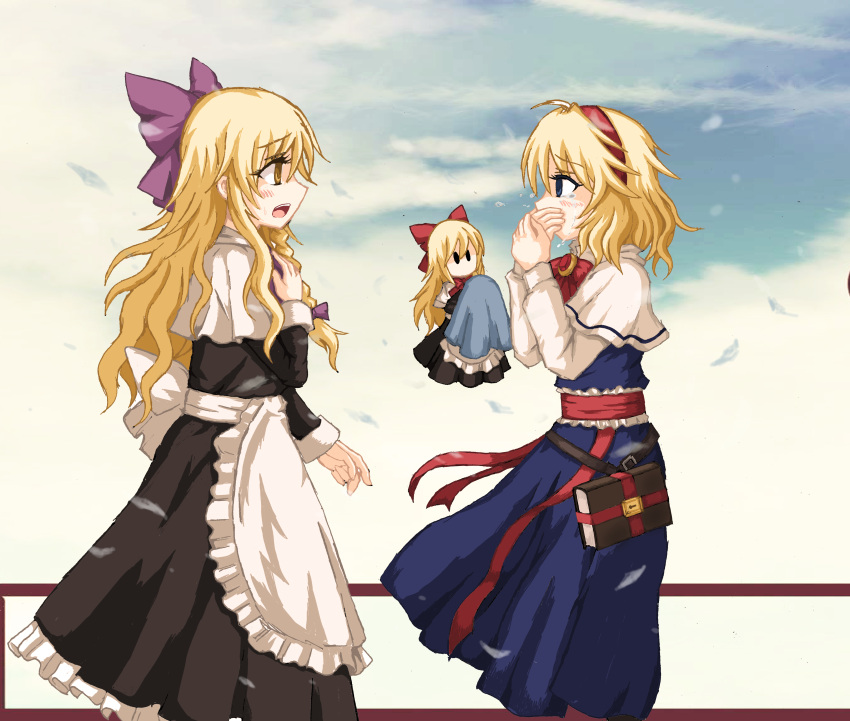 2girls absurdres ahoge alice_margatroid apron black_dress blonde_hair blue_dress blue_eyes blue_sky blush bow bowtie braid brooch capelet check_commentary chinese_commentary clouds commentary commentary_request cosplay covering_mouth cowboy_shot crying crying_with_eyes_open dress eye_contact eyebrows_visible_through_hair from_side grimoire_of_alice hair_between_eyes hair_bow hair_ribbon hairband hand_on_own_chest hand_over_own_mouth handkerchief highres jewelry kirisame_marisa lili2th long_hair long_sleeves looking_at_another mixed-language_commentary multiple_girls open_mouth profile red_neckwear ribbon sash shanghai_doll shanghai_doll_(cosplay) single_braid sketch sky sleeve_cuffs solid_oval_eyes standing streaming_tears tears touhou tress_ribbon very_long_hair waist_apron white_capelet yellow_eyes yuri