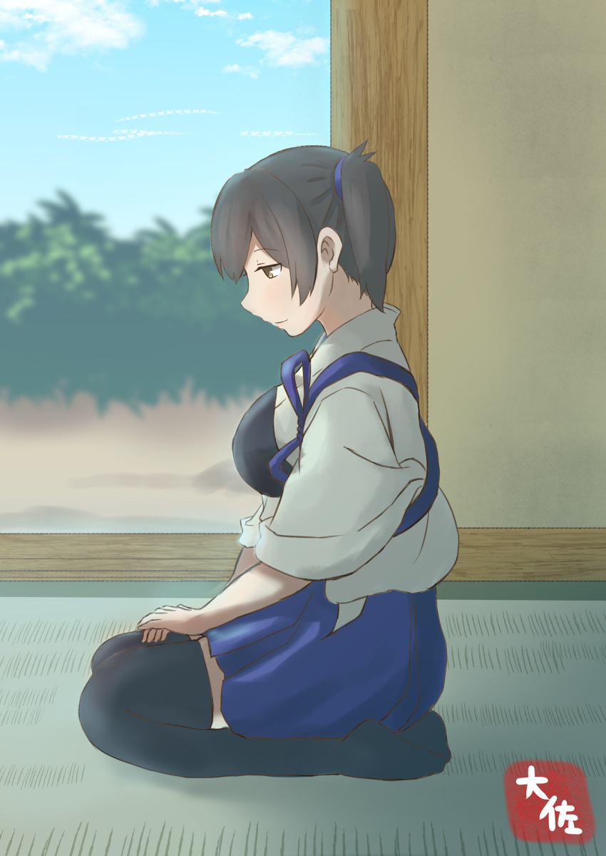 1girl artist_name black_legwear breasts brown_eyes brown_hair from_side full_body highres kaga_(kantai_collection) kantai_collection large_breasts long_hair looking_down muneate seiza side_ponytail sitting solo taisa_(kari) tasuki tatami thigh-highs