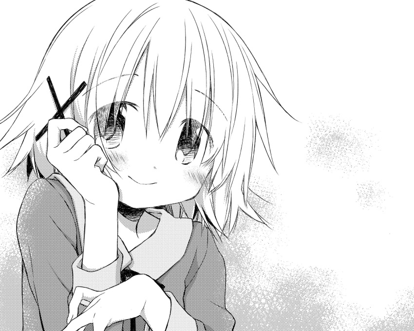 1girl absurdres aoki_ume commentary_request eyebrows_visible_through_hair greyscale hair_ornament hairclip hidamari_sketch highres long_sleeves looking_at_viewer monochrome official_art short_hair simple_background solo x_hair_ornament yuno