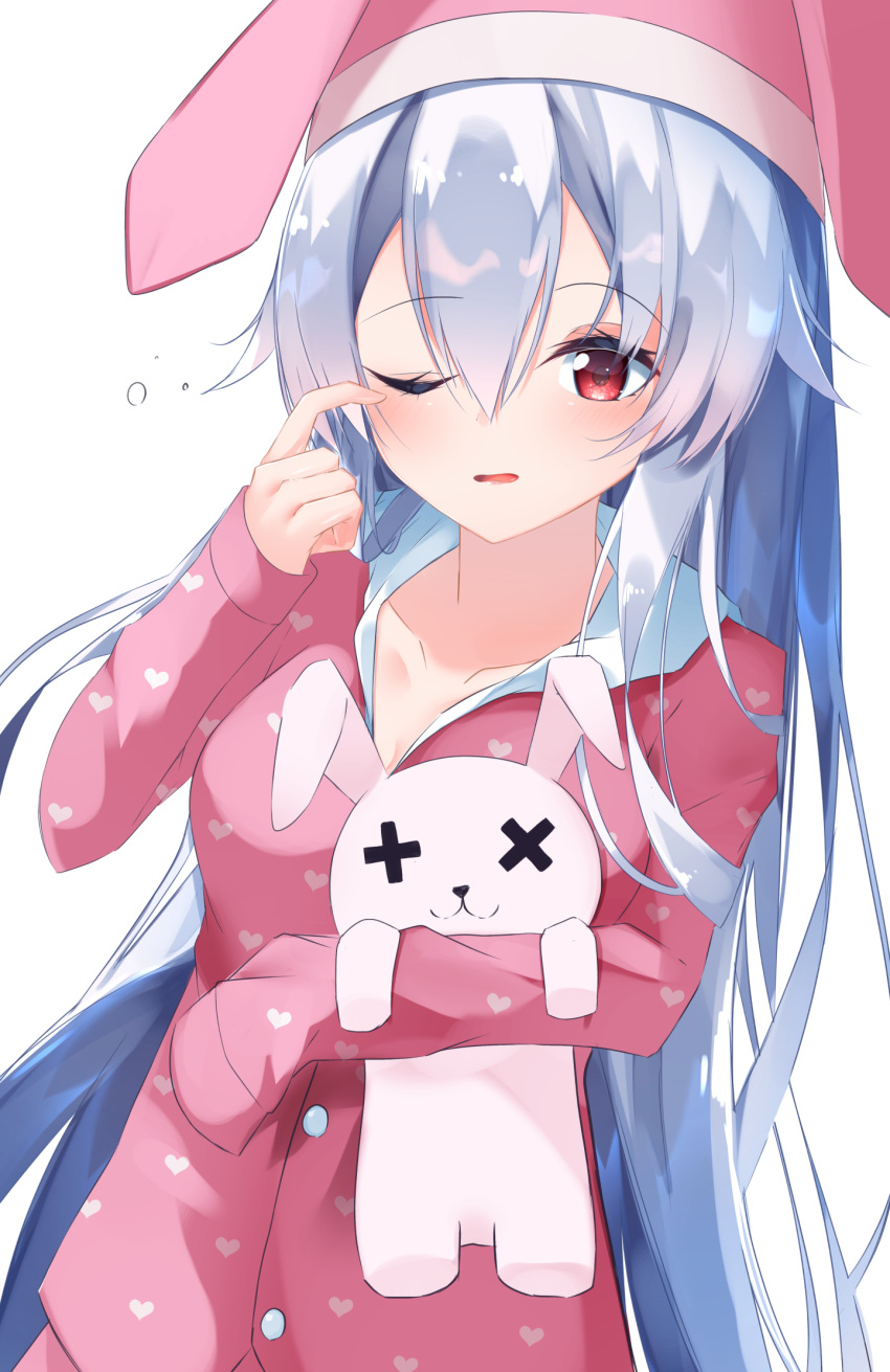 1girl animal_ears animal_hat bangs blue_hair blush breasts bunny_hat collarbone commentary_request dress_shirt eyebrows_visible_through_hair fake_animal_ears fate/grand_order fate_(series) hair_between_eyes hand_up hat heart highres long_hair long_sleeves object_hug one_eye_closed pajamas parted_lips pink_headwear print_shirt rabbit_ears red_eyes red_pajamas red_shirt rubbing_eyes shirt simple_background sleepy sleeves_past_fingers sleeves_past_wrists small_breasts solo stuffed_animal stuffed_bunny stuffed_toy suisen-21 tomoe_gozen_(fate/grand_order) very_long_hair waking_up white_background