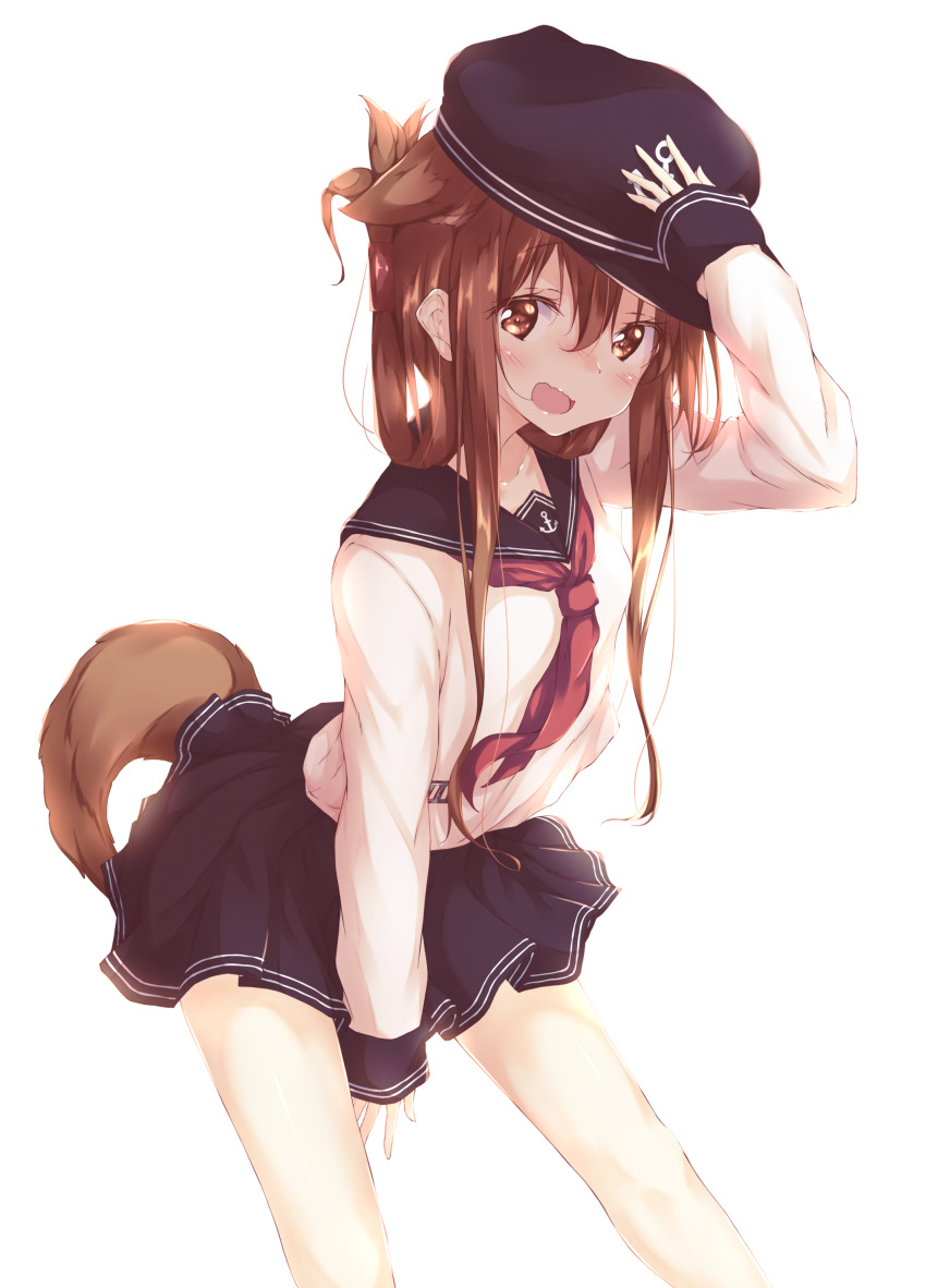 1girl absurdres anchor_symbol animal_ears black_headwear black_sailor_collar black_skirt blush brown_eyes brown_hair collarbone commentary_request cowboy_shot eyebrows_visible_through_hair flat_cap folded_ponytail hair_between_eyes hat highres inazuma_(kantai_collection) kantai_collection kemonomimi_mode long_hair long_sleeves neckerchief numpopo open_mouth pleated_skirt red_neckwear sailor_collar school_uniform serafuku sidelocks simple_background skirt solo tail white_background