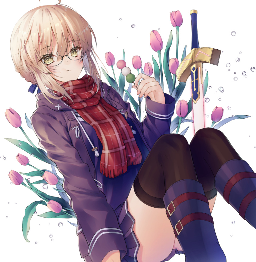 1girl :t artoria_pendragon_(all) bangs black-framed_eyewear blonde_hair blue_footwear blue_jacket blue_shirt blue_skirt blush boots brown_eyes brown_legwear closed_mouth commentary_request dango eating excalibur eyebrows_visible_through_hair fate/grand_order fate_(series) feet_out_of_frame fingernails flower food fringe_trim glasses hair_between_eyes holding holding_food jacket knee_boots knees_up kuro_futoshi long_sleeves looking_at_viewer mysterious_heroine_x_(alter) open_clothes open_jacket plaid plaid_scarf pleated_skirt red_flower red_scarf sanshoku_dango scarf shirt sidelocks skirt solo thigh-highs thighhighs_under_boots wagashi white_background