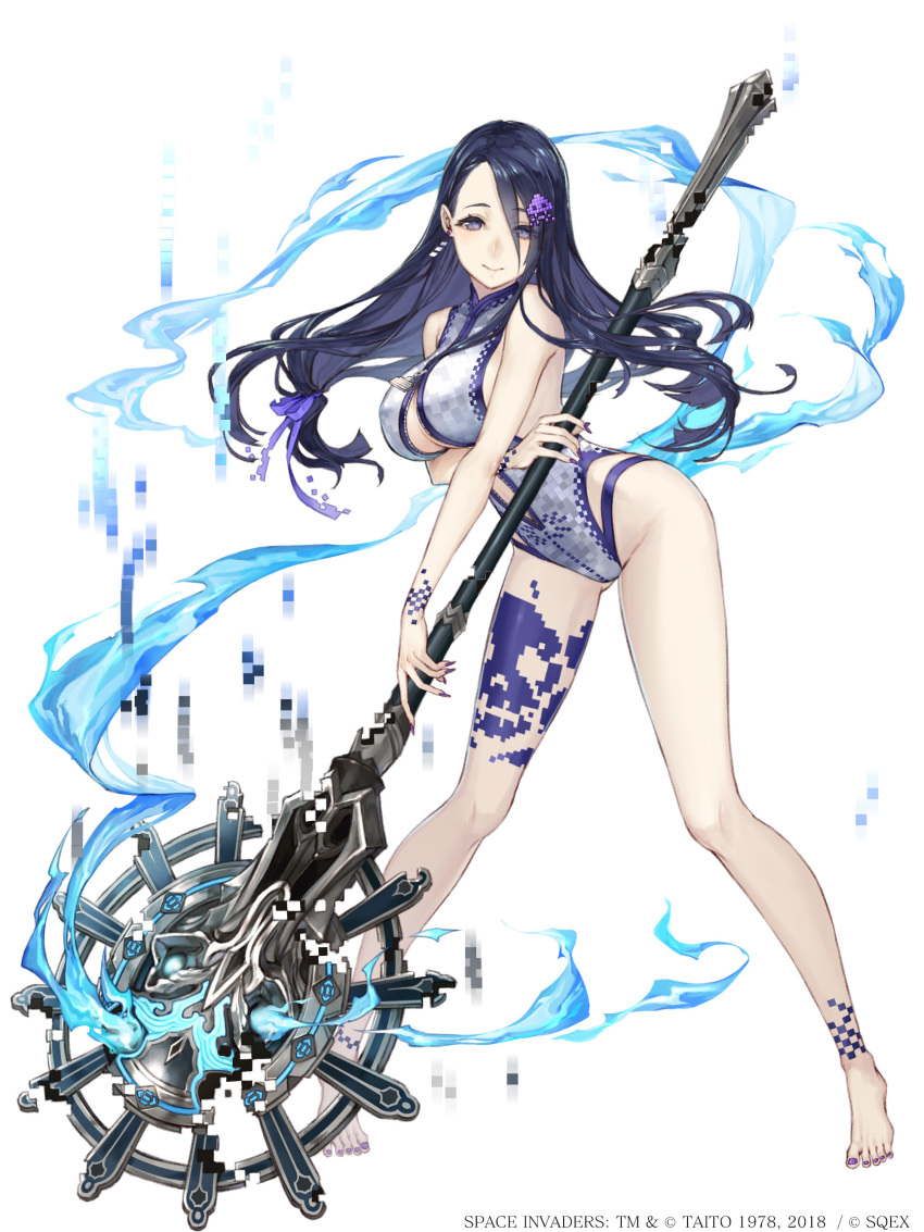 1girl absurdres bare_legs barefoot blue_hair breasts center_opening eyebrows_visible_through_hair eyes_visible_through_hair fingernails full_body grey_eyes hair_ornament hair_ribbon hairclip highres ji_no kaguya_hime_(sinoalice) large_breasts long_hair looking_at_viewer nail_polish official_art pigeon-toed pixels ribbon sharp_fingernails sinoalice skull_print solo space_invaders staff swimsuit white_background
