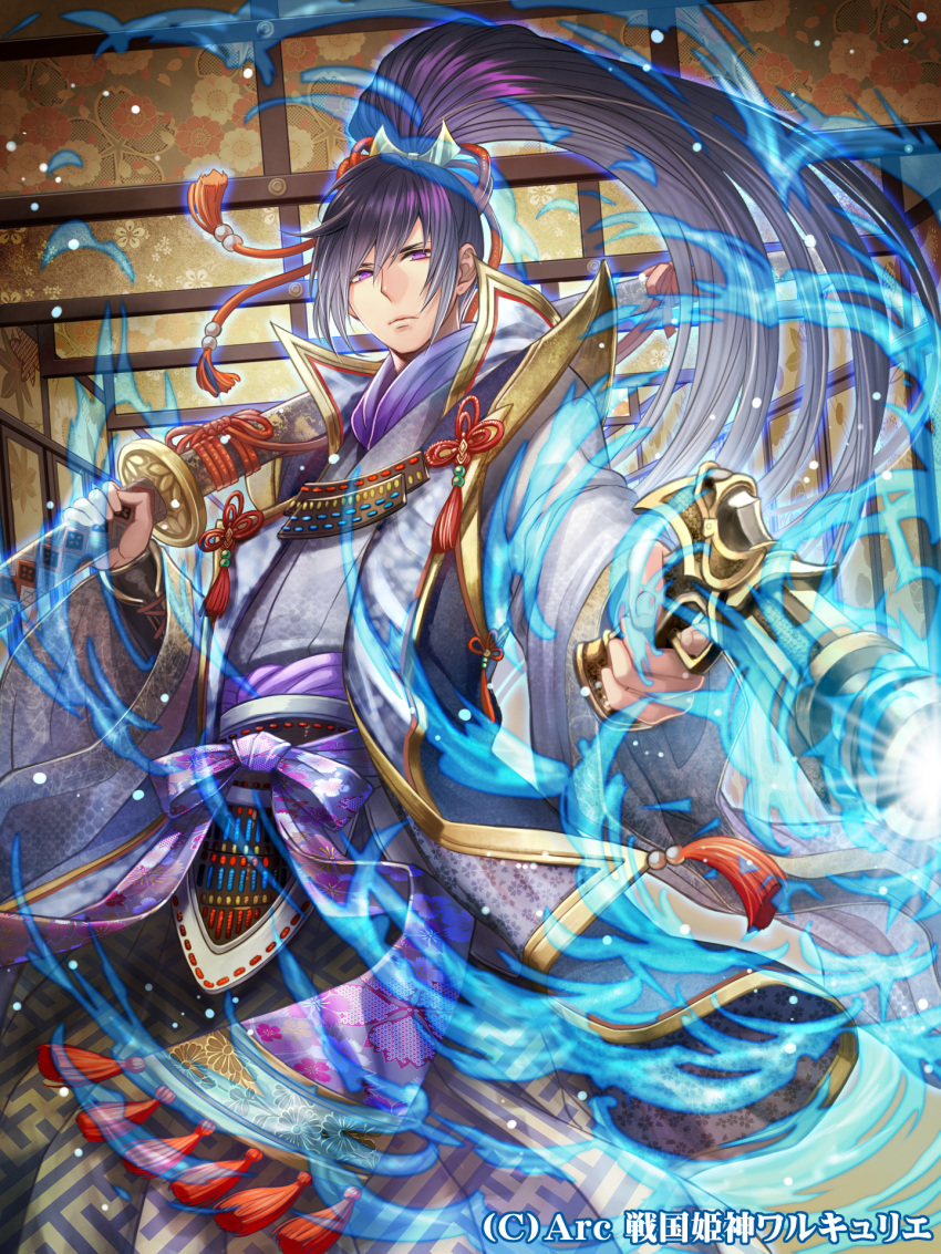 1boy aura black_hair company_name frontier_town gun high_ponytail highres indoors japanese_clothes katana long_hair looking_at_viewer male_focus official_art over_shoulder sengoku_kishin_valkyrie sheath sheathed solo sword tassel very_long_hair violet_eyes weapon wide_sleeves