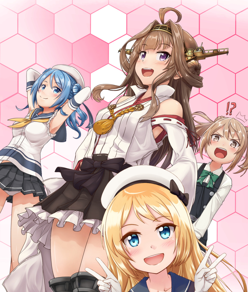 !? 4girls ahoge armpits arms_behind_head arms_up beret blonde_hair blue_eyes blue_hair blue_sailor_collar bow bowtie brown_hair commentary_request detached_sleeves double_bun double_v dress elbow_gloves eyebrows_visible_through_hair gloves green_neckwear hair_bun hairband hat headgear highres japanese_clothes jervis_(kantai_collection) kantai_collection kongou_(kantai_collection) light_brown_hair long_hair long_sleeves looking_at_viewer michishio_(kantai_collection) miniskirt multiple_girls neckerchief nontraditional_miko open_mouth panties pantyshot pantyshot_(standing) pinafore_dress pleated_skirt remodel_(kantai_collection) sailor_collar sailor_dress sailor_hat school_uniform serafuku shirt short_twintails skirt sleeves_rolled_up smile standing surprised tr-6 twintails underwear urakaze_(kantai_collection) v violet_eyes white_gloves white_headwear white_panties white_shirt wind yellow_eyes yellow_neckwear