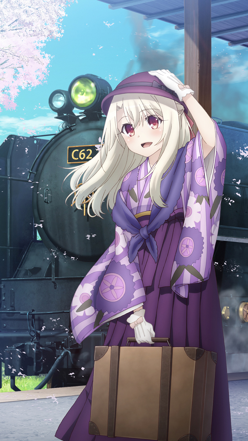 1girl :d absurdres bag blue_sky bow cherry_blossoms clouds day eyebrows_visible_through_hair fate/kaleid_liner_prisma_illya fate_(series) floral_print gloves ground_vehicle hair_between_eyes hakama hand_on_headwear hat highres holding holding_bag illyasviel_von_einzbern japanese_clothes kimono locomotive long_hair meiji_schoolgirl_uniform official_art open_mouth outdoors print_kimono purple_hakama purple_headwear purple_kimono red_eyes silver_hair sky smile solo standing steam_locomotive striped striped_kimono train train_station white_gloves