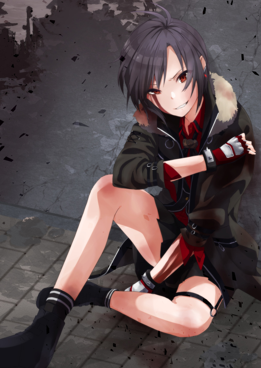 1girl ako_(antoraacoyu0214) androgynous between_legs black_hair black_legwear black_skirt blood blood_on_face brown_coat brown_eyes coat collared_shirt fur-trimmed_coat fur_trim grin hand_between_legs highres idol_heroes_(idolmaster) idolmaster idolmaster_(classic) kikuchi_makoto long_sleeves looking_at_viewer miniskirt open_clothes open_coat pleated_skirt red_shirt shirt short_hair sitting skirt smile socks solo thigh_strap wing_collar