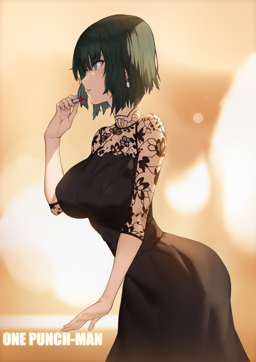 1girl absurdres bangs black_dress black_hair blunt_bangs breasts commentary_request dress earrings floral_print from_side fubuki_(one-punch_man) green_eyes highres jewelry large_breasts leaning_forward lipstick makeup one-punch_man short_hair solo yykuaixian
