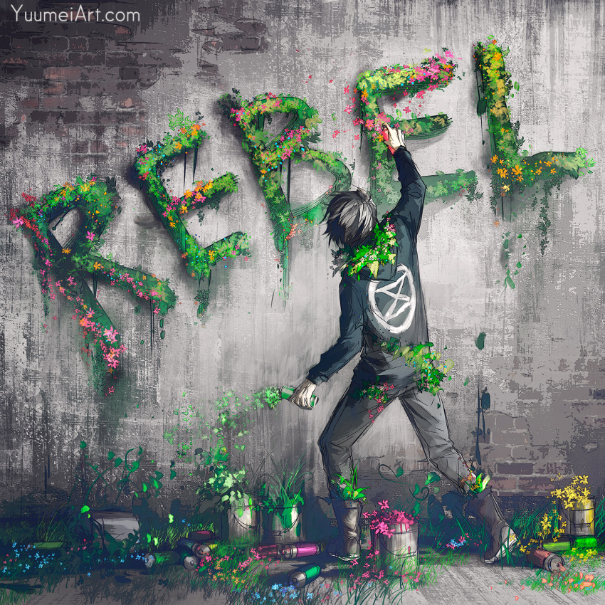 black_hair boots commentary english_commentary english_text facing_away flower from_behind graffiti highres hood hood_down hooded_jacket jacket original paint_can short_hair solo spray_can standing watermark web_address wenqing_yan