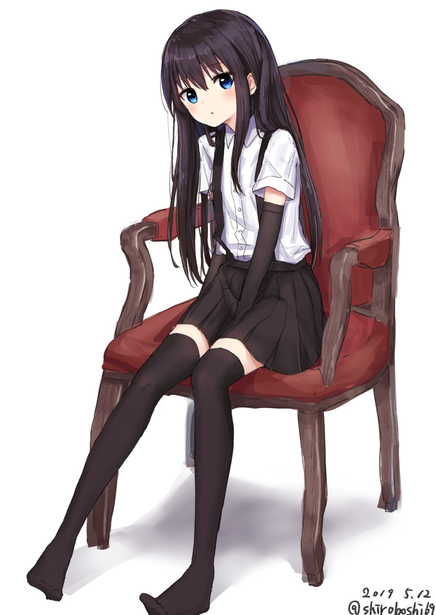 1girl absurdres arm_warmers asashio_(kantai_collection) black_hair black_legwear black_skirt blue_eyes chair dated eyebrows_visible_through_hair full_body gantan highres kantai_collection long_hair looking_at_viewer no_shoes pleated_skirt school_uniform shirt short_sleeves simple_background sitting skirt solo suspenders thigh-highs twitter_username white_background white_shirt