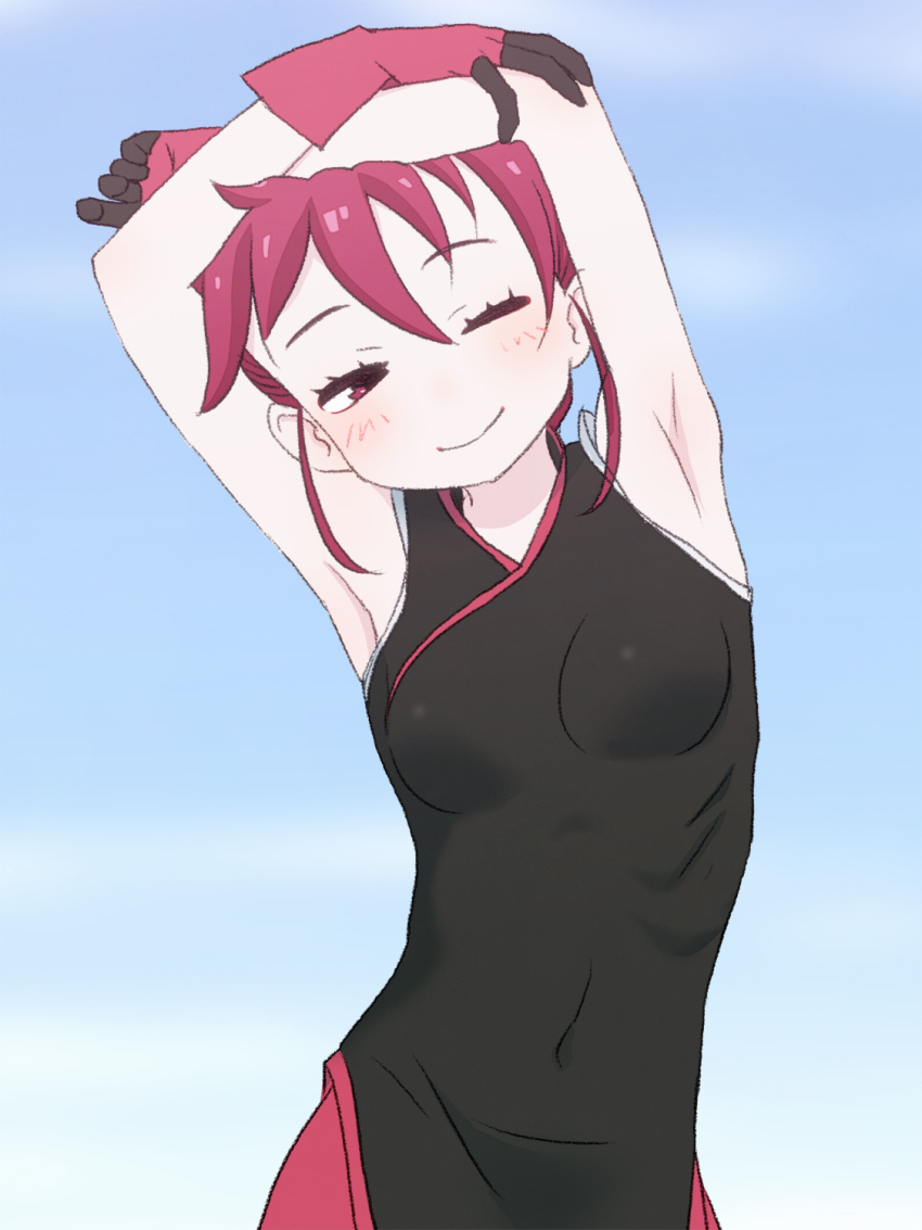 1girl ;) armpits arms_up black_dress blue_background breasts commentary_request dress gloves gradient gradient_background highres kemurikusa leaning_to_the_side looking_at_viewer one_eye_closed red_eyes redhead ryou_(kemurikusa) sat-c short_hair simple_background sleeveless sleeveless_dress small_breasts smile solo stretch