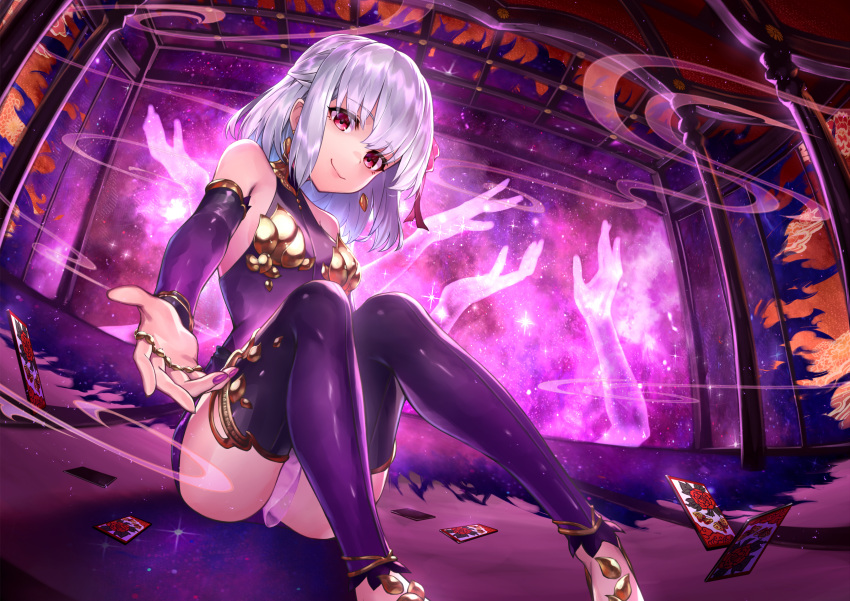 1girl absurdres bare_shoulders card detached_sleeves dress dutch_angle earrings essual_(layer_world) eyebrows_visible_through_hair fate/grand_order fate_(series) feet_out_of_frame hair_ribbon hanafuda hands highres jewelry kama_(fate/grand_order) knees_up looking_at_viewer nail_polish outstretched_arm purple_dress purple_legwear purple_nails purple_sleeves reaching_out red_eyes red_ribbon ribbon short_dress silver_hair sitting sleeveless sleeveless_dress smile solo sparkle