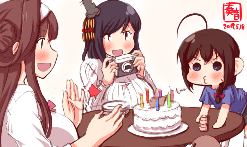 3girls ahoge alternate_costume artist_logo birthday birthday_cake black_hair blowing blush bow braid brown_hair cake camera candle clapping commentary_request dated double_bun food hair_bow hair_ornament hairband highres holding holding_camera kanon_(kurogane_knights) kantai_collection kongou_(kantai_collection) long_hair long_sleeves multiple_girls open_mouth plate red_bow red_eyes ribbed_sweater shigure_(kantai_collection) short_sleeves signature single_braid smile sweater table white_sweater yamashiro_(kantai_collection) younger