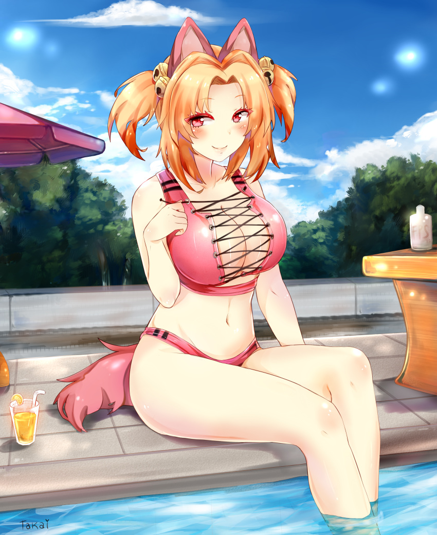 1girl absurdres animal_ears artist_name bangs bell blonde_hair blue_sky blush breasts clouds cloudy_sky collarbone commentary commission cross-laced_top cup drink drinking_glass english_commentary eyebrows_visible_through_hair eyes_visible_through_hair hair_bell hair_intakes hair_ornament highres juice large_breasts looking_at_viewer medium_hair messy_hair navel on_floor orange_juice original outdoors parted_bangs pink_eyes pool shiny shiny_hair short_twintails sidelocks signature sitting sky smile solo swimsuit tail takai_seika twintails water