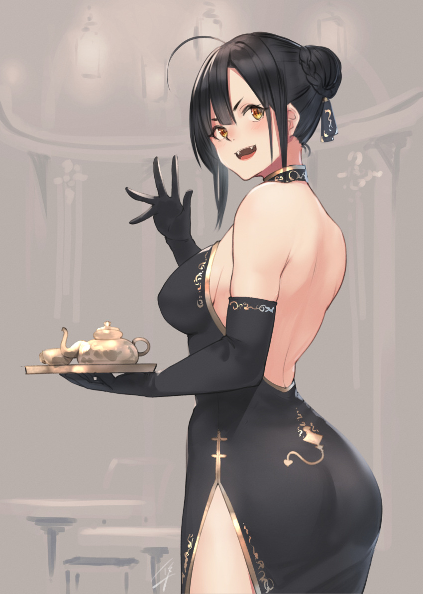 1girl :d ahoge ass backless_dress backless_outfit bare_shoulders black_dress black_gloves black_hair braid breasts china_dress chinese_clothes choker commentary_request cowboy_shot dress elbow_gloves fangs from_side gloves gold_trim hair_bun hayabusa highres indoors looking_at_viewer medium_breasts open_mouth original outstretched_hand short_hair side_bun side_slit sideboob sidelocks smile solo strapless strapless_dress teapot tray waving yellow_eyes