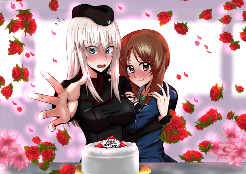 2girls akutagawa_joo arm_grab bangs birthday_cake black_headwear black_jacket black_neckwear blouse blue_eyes blurry blurry_background blush brown_eyes brown_hair cake character_name closed_mouth commentary_request depth_of_field dress_shirt english_text eyebrows_visible_through_hair flower flower_request flying_sweatdrops food foreshortening frown garrison_cap girls_und_panzer happy_birthday hat highres insignia itsumi_erika jacket kuromorimine_military_uniform long_hair long_sleeves looking_at_viewer military military_hat military_uniform multiple_girls neckerchief nishizumi_miho ooarai_military_uniform open_mouth petals reaching_out red_flower red_rose red_shirt rose school_uniform serafuku shirt short_hair silver_hair smile table uniform white_blouse wing_collar yuri