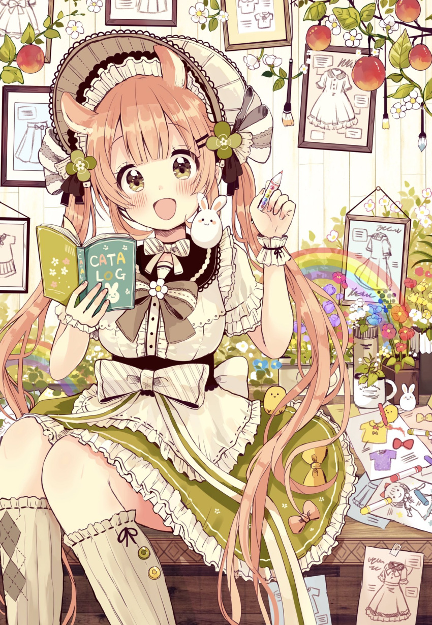 1girl :d animal animal_ears animal_on_shoulder apron bangs bird blue_flower blunt_bangs blush bonnet book bow breasts brown_bow brown_eyes brown_hair brown_legwear center_frills chick colored_pencil commentary_request diagonal_stripes eyebrows_visible_through_hair fingernails flower frilled_apron frilled_skirt frills green_skirt hair_ornament hairclip hands_up head_tilt highres holding holding_book holding_pencil kneehighs long_hair medium_breasts open_book open_mouth original otoko_no_ko pencil picture_frame puffy_short_sleeves puffy_sleeves purple_flower rabbit rainbow red_flower ribbed_legwear ribbon-trimmed_legwear ribbon_trim sakura_oriko shirt short_sleeves sitting skirt smile solo striped twintails very_long_hair waist_apron white_apron white_bow white_flower white_headwear white_shirt wrist_cuffs yellow_flower