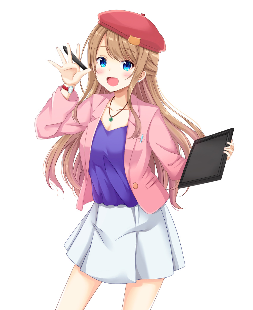 1girl :d blazer blue_eyes blush brown_hair clover collarbone commentary_request cowboy_shot earrings four-leaf_clover fukazawa_ayaka half_updo hand_up highres holding holding_stylus holding_tablet_pc jacket jewelry long_hair long_sleeves looking_at_viewer miniskirt necklace open_clothes open_jacket open_mouth original pink_jacket purple_shirt red_headwear ryucchi shirt sidelocks simple_background skirt smile solo standing stylus tablet_pc thighs watch watch white_background white_skirt wing_collar