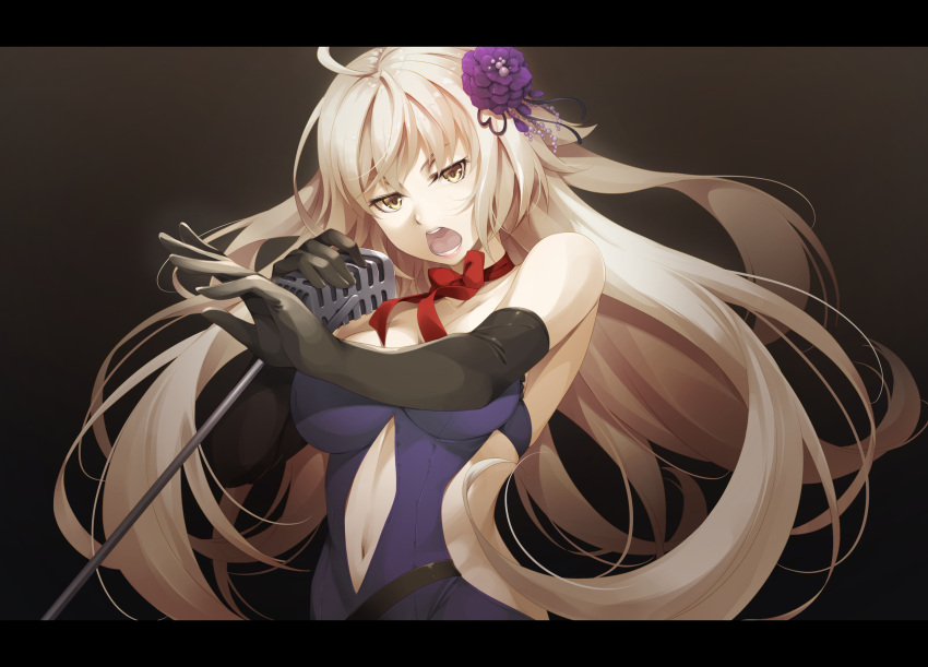 1girl ahoge bangs bare_shoulders black_gloves blonde_hair breasts brown_eyes collarbone commentary_request dark_background dress elbow_gloves fate/grand_order fate_(series) flower gloves hair_flower hair_ornament highres jeanne_d'arc_(alter)_(fate) jeanne_d'arc_(fate)_(all) large_breasts letterboxed long_hair looking_at_viewer microphone_stand mukunokino_isshiki music navel navel_cutout neck_ribbon open_mouth outstretched_arm purple_dress purple_flower red_neckwear red_ribbon ribbon singing solo strapless strapless_dress upper_body very_long_hair