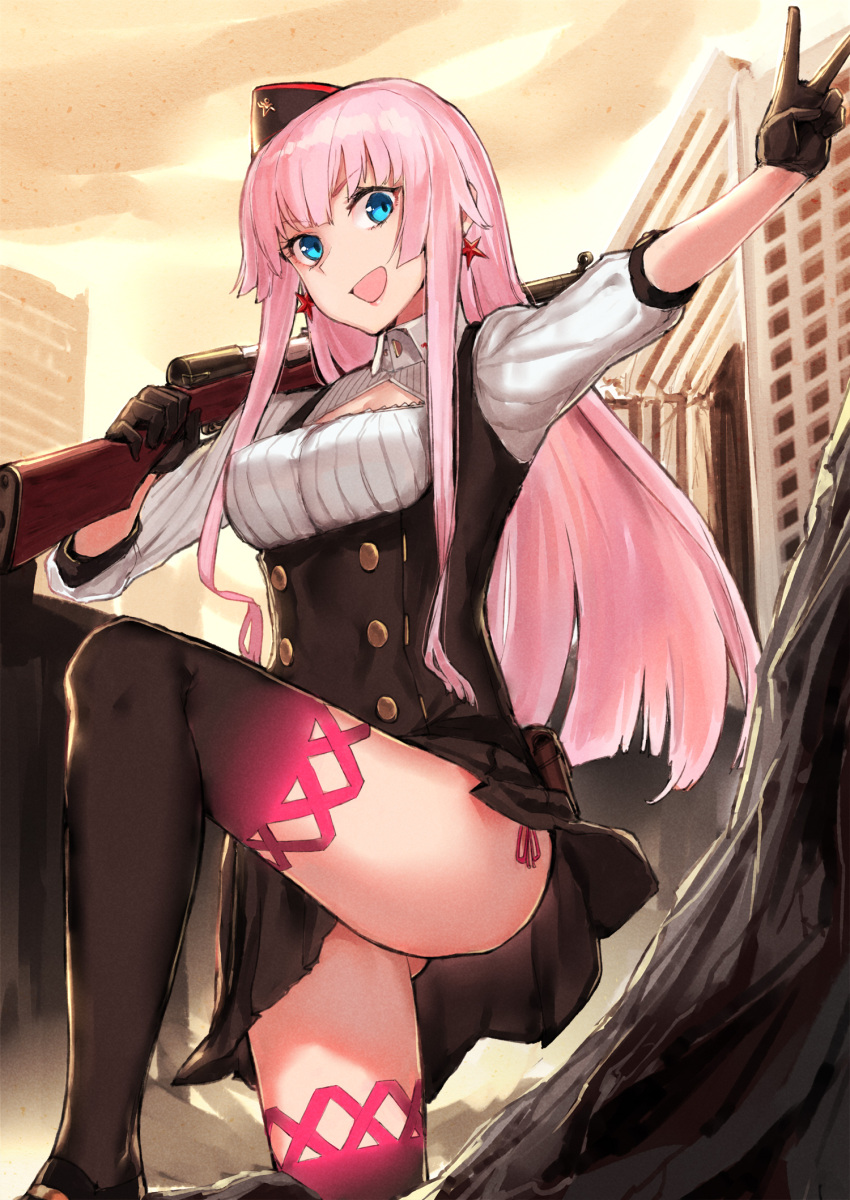 1girl bangs beret black_gloves black_skirt blue_eyes breasts building buttons earrings eyebrows_visible_through_hair girls_frontline gloves gun hat highres holding holding_gun holding_weapon jewelry leg_up long_hair open_mouth outdoors panties pink_hair poco_(backboa) rifle short_sleeves side-tie_panties simonov_(girls_frontline) skirt sks sky solo star star_earrings thigh-highs underwear v weapon