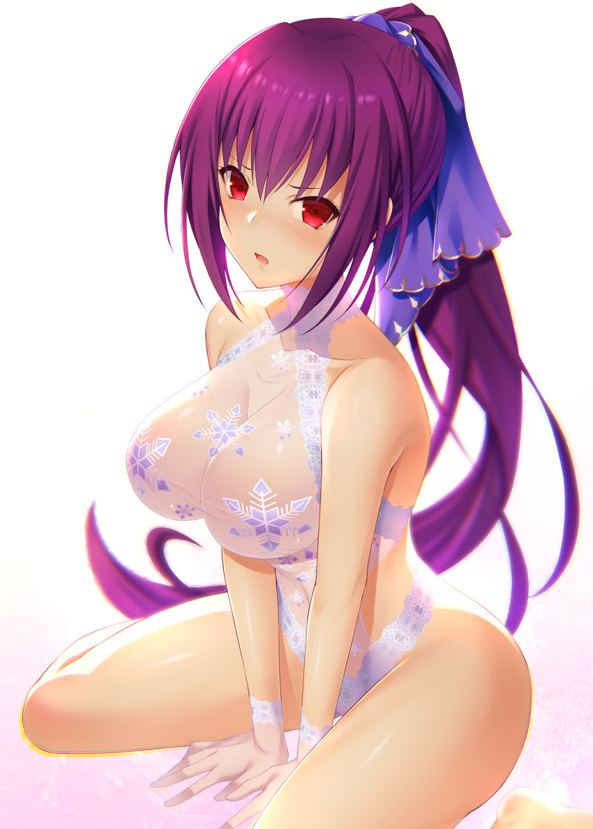 1girl bangs bare_shoulders blush breasts collarbone commentary_request emanon123 fate/grand_order fate_(series) gloves hair_between_eyes hair_ribbon halterneck headpiece highres large_breasts leotard long_hair looking_at_viewer open_mouth ponytail purple_hair purple_ribbon red_eyes ribbon scathach_(fate)_(all) scathach_skadi_(fate/grand_order) simple_background sitting snowflake_print solo thighs tiara wariza white_background white_gloves white_leotard