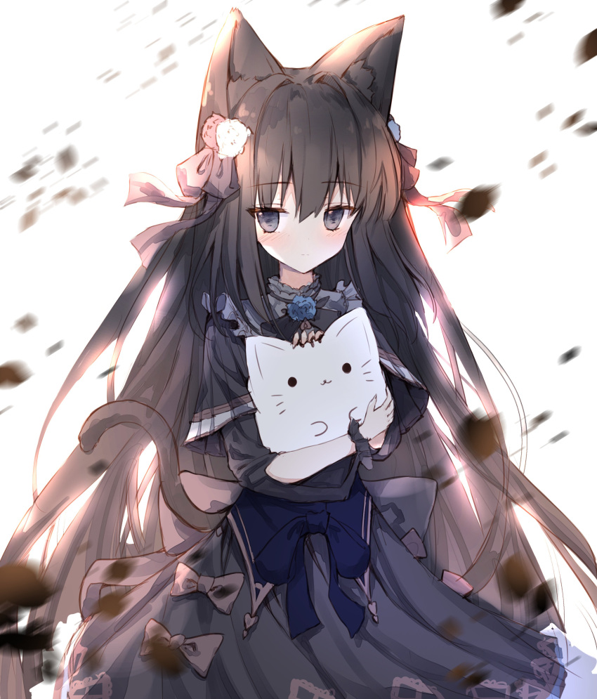 1girl absurdres animal animal_ear_fluff animal_ears arcaea backlighting bangs black_bow black_capelet black_dress blue_bow blush bow capelet cat_ears cat_girl cat_tail closed_mouth commentary_request dress eyebrows_visible_through_hair flower grey_eyes hair_between_eyes hair_bow hair_flower hair_ornament highres holding holding_animal kemonomimi_mode light_smile long_sleeves red_bow red_flower red_rose rose simple_background solo tail tairitsu_(arcaea) tandohark white_background white_flower white_rose