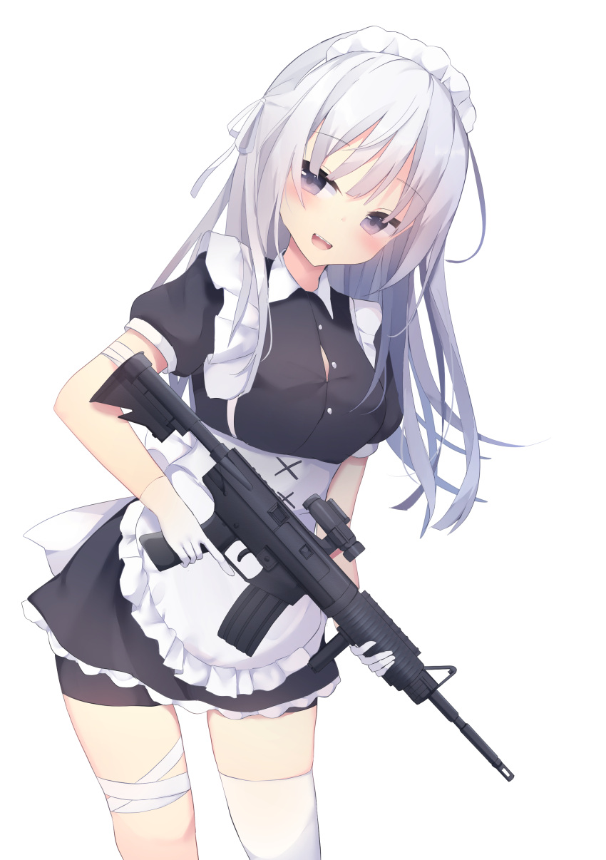 1girl :d absurdres apron assault_rifle bandaged_arm bandaged_leg bandages bangs bike_shorts black_dress black_shorts blush breasts commentary_request dress eyebrows_visible_through_hair frilled_apron frills gloves gun hair_between_eyes highres holding holding_gun holding_weapon leaning_to_the_side long_hair looking_at_viewer m4_carbine maid maid_headdress medium_breasts open_mouth original puffy_short_sleeves puffy_sleeves rifle scope sharp_teeth short_sleeves shorts shorts_under_dress silver_hair simple_background single_thighhigh smile solo teeth thigh-highs trigger_discipline tsuruse very_long_hair violet_eyes waist_apron weapon weapon_request white_apron white_background white_gloves white_legwear
