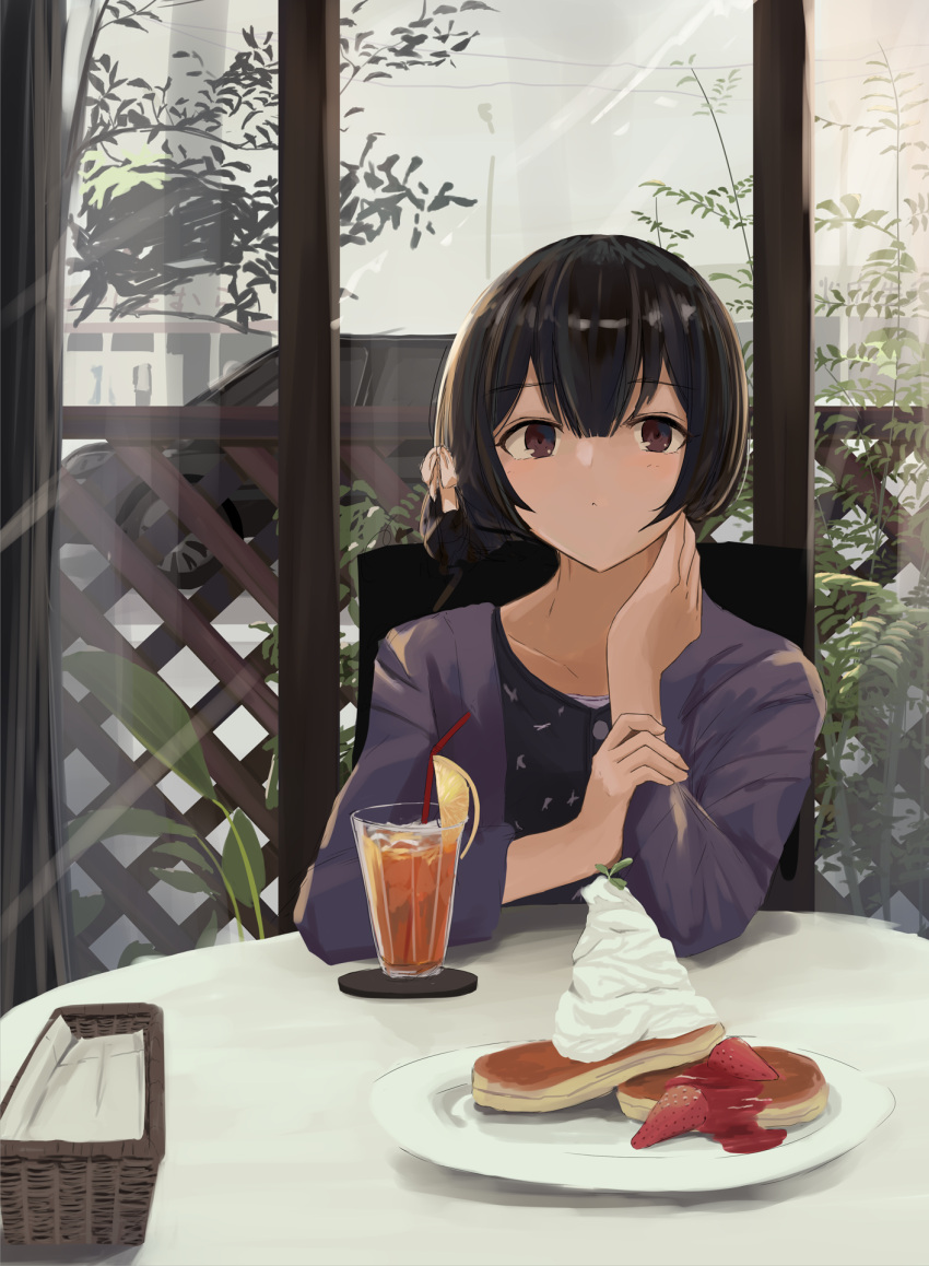 1girl :&lt; bangs basket bendy_straw black_hair black_shirt blue_sky blush brown_eyes cat closed_mouth collarbone commentary_request cup day doran_(dorannomai) drink drinking_glass drinking_straw eyebrows_visible_through_hair food fruit hair_between_eyes hand_up highres idolmaster idolmaster_shiny_colors indoors jacket looking_at_viewer morino_rinze open_clothes open_jacket pancake pov_across_table purple_jacket shirt sky solo strawberry table whipped_cream window