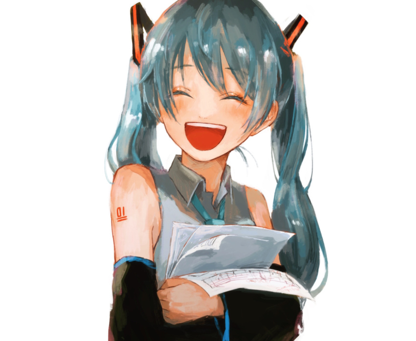 1girl :d ^_^ aqua_hair aqua_neckwear bangs bare_shoulders black_sleeves closed_eyes collared_shirt commentary detached_sleeves facing_viewer hair_ornament hands_up happy hatsune_miku highres holding holding_paper ligton1225 necktie object_hug open_mouth paper sheet_music shirt simple_background sleeveless sleeveless_shirt smile solo swept_bangs twintails upper_body vocaloid white_background white_shirt