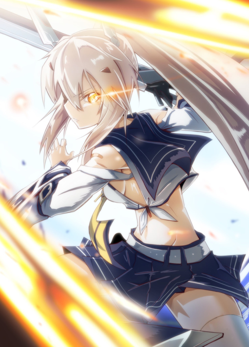 1girl ayanami_(azur_lane) azur_lane bandaid bangs bare_shoulders belt blue_sailor_collar blue_skirt blurry_foreground breasts commentary_request crop_top day detached_sleeves fighting_stance glowing glowing_eye hair_between_eyes hair_ornament hairclip hands_up headgear high_ponytail highres holding holding_sword holding_weapon light_brown_hair logo_parody long_hair long_sleeves looking_at_viewer metal_gear_(series) metal_gear_rising:_revengeance midriff miniskirt navel no_bra outdoors pleated_skirt ponytail remodel_(azur_lane) sailor_collar school_uniform serafuku serious shirt sidelocks skirt slashing sleeveless sleeveless_shirt small_breasts solo sword tenteru thigh-highs v-shaped_eyebrows water weapon white_legwear white_shirt wide_sleeves yellow_eyes yellow_neckwear