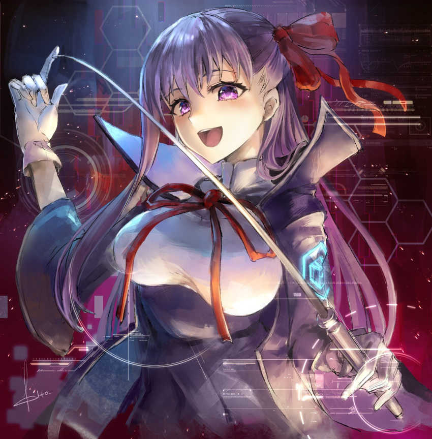 1girl bb_(fate)_(all) bb_(fate/extra_ccc) breast_cutout breasts fate/extra fate/extra_ccc fate/grand_order fate_(series) foil_(fencing) gloves hexagon high_collar highres kito_(kito2) large_breasts light_particles long_hair long_sleeves open_mouth purple_hair solo violet_eyes white_gloves