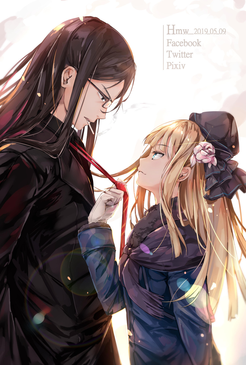 1boy 1girl absurdres artist_name black_coat black_hair blonde_hair blue_coat blue_eyes commentary_request dated eye_contact eyebrows_visible_through_hair fate/grand_order fate_(series) flower glasses gloves hair_flower hair_ornament hat highres hmw_(pixiv7054584) long_hair looking_at_another lord_el-melloi_ii lord_el-melloi_ii_case_files necktie necktie_grab neckwear_grab reines_el-melloi_archisorte waver_velvet white_gloves