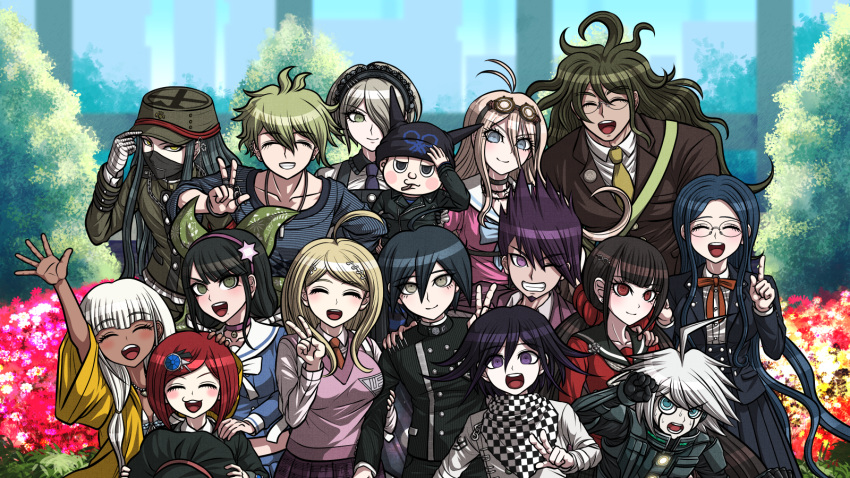 6+boys 6+girls :d akamatsu_kaede amami_rantarou arm_up bandaged_hand bangs beard black_headwear black_jacket black_sailor_collar blonde_hair blue_eyes blue_hair blue_jacket blue_shirt blunt_bangs brown_headwear brown_jacket chabashira_tenko checkered checkered_neckwear choker closed_eyes collarbone collared_shirt dangan_ronpa dark_skin day earrings facial_hair facial_mark floating_hair glasses gokuhara_gonta green_eyes green_hair green_neckwear grey_eyes grin hair_ornament hair_over_one_eye hair_scrunchie hairband half-closed_eyes hand_on_another's_shoulder harukawa_maki hat highres holding holding_hat hoshi_ryouma iruma_miu jacket jewelry keebo long_hair looking_at_viewer maid_headdress mask midriff momota_kaito multiple_boys multiple_girls musical_note musical_note_hair_ornament musical_note_print neck_ribbon necklace necktie new_dangan_ronpa_v3 official_style one_eye_closed open_clothes open_jacket open_mouth orange_neckwear orange_ribbon ouma_kokichi outdoors outstretched_arm outstretched_hand parted_bangs peaked_cap pink_hairband pink_shirt pleated_skirt print_skirt purple_hair purple_neckwear purple_skirt purple_sweater red_scrunchie red_shirt redhead ribbon rimless_eyewear saihara_shuuichi sailor_collar scrunchie shinguuji_korekiyo shiny shiny_hair shirogane_tsumugi shirt short_hair silver_hair skirt smile spiky_hair star star_hair_ornament stomach striped striped_shirt sweatdrop sweater sweater_vest swept_bangs toujou_kirumi twintails v very_long_hair violet_eyes w white_neckwear white_sailor_collar white_shirt wing_collar witch_hat yellow_eyes yonaga_angie yumaru_(marumarumaru) yumeno_himiko