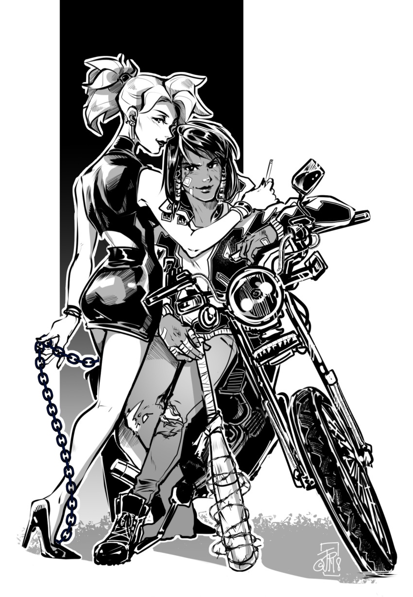 2girls ass bandaged_fingers bandages bandaid bandaid_on_face bangle barbed_wire baseball_bat biker_clothes black_hair borrowed_design bracelet casual chain cigarette commentary dark_skin denim dress ear_piercing earrings english_commentary eye_of_horus facial_tattoo greyscale ground_vehicle hair_tubes high_contrast high_heels highres inktober jeans jewelry lipstick looking_at_viewer looking_back makeup medium_hair mercy_(overwatch) monochrome motor_vehicle motorcycle multiple_girls overwatch pants pharah_(overwatch) piercing planted_weapon short_dress shorts sleeveless sparklenaut tattoo torn_clothes torn_jeans torn_pants weapon yuri