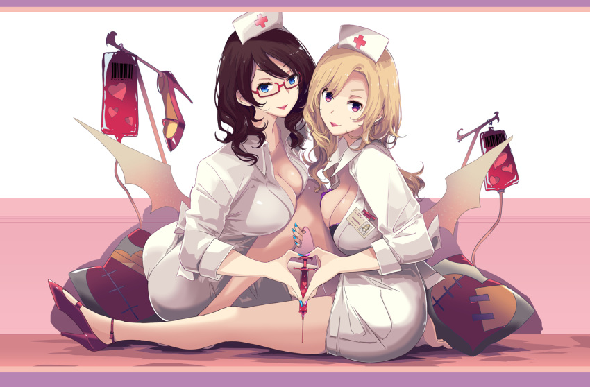 2girls arm_support ass blonde_hair blood blood_bag blue_eyes blue_nails bra breasts brown_hair collared_dress dress full_body glasses hat high_heels holding holding_leg holding_syringe large_breasts long_hair looking_at_viewer mikoto_akemi multiple_girls name_tag nurse nurse_cap original pink_nails purple_bra purple_footwear red-framed_eyewear semi-rimless_eyewear shoes short+shorts short_dress single_shoe sitting skindentation syringe thighs underwear violet_eyes wavy_hair white_dress