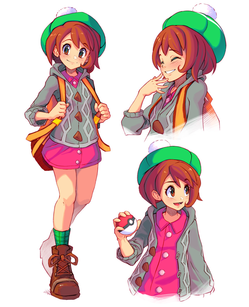 1girl :d arnaud_tegny backpack bag bangs bob_cut boots brown_bag brown_eyes brown_footwear brown_hair cardigan checkered_footwear commentary dress female_protagonist_(pokemon_swsh) full_body green_footwear green_headwear green_legwear grey_cardigan hand_to_own_mouth hat highres holding holding_poke_ball holding_strap jacket laughing long_sleeves looking_at_viewer multiple_views open_clothes open_jacket open_mouth pink_dress poke_ball pokemon pokemon_(game) pokemon_swsh short_hair simple_background smile socks tam_o'_shanter upper_body white_background
