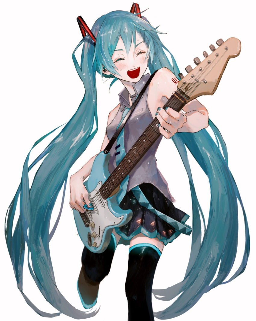 1girl aqua_hair bare_shoulders belt black_legwear black_skirt closed_eyes commentary electric_guitar feet_out_of_frame grey_shirt guitar hair_ornament hatsune_miku highres holding holding_instrument instrument leg_up ligton1225 long_hair music nail_polish necktie playing_instrument shirt shoulder_tattoo skirt sleeveless sleeveless_shirt smile solo stratocaster tattoo thigh-highs twintails very_long_hair vocaloid
