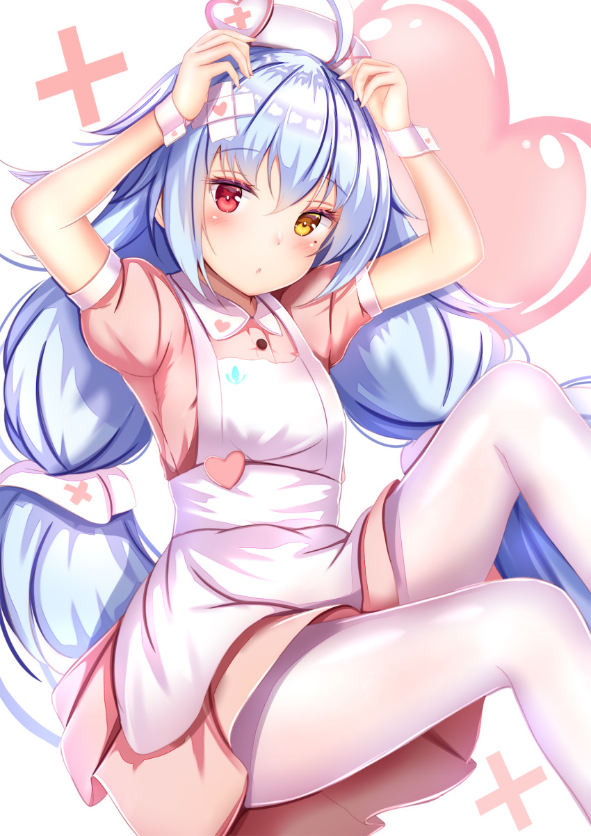 1girl :o ahoge apron arms_up azur_lane blue_hair blush cross dress hat heart heterochromia highres knee_up long_hair looking_at_viewer low_twintails mole mole_under_eye nicholas_(azur_lane) nurse_cap pantyhose parted_lips pink_dress puffy_short_sleeves puffy_sleeves red_eyes short_sleeves sitting solo twintails very_long_hair white_apron white_background white_legwear wing_collar wrist_cuffs yellow_eyes yuano