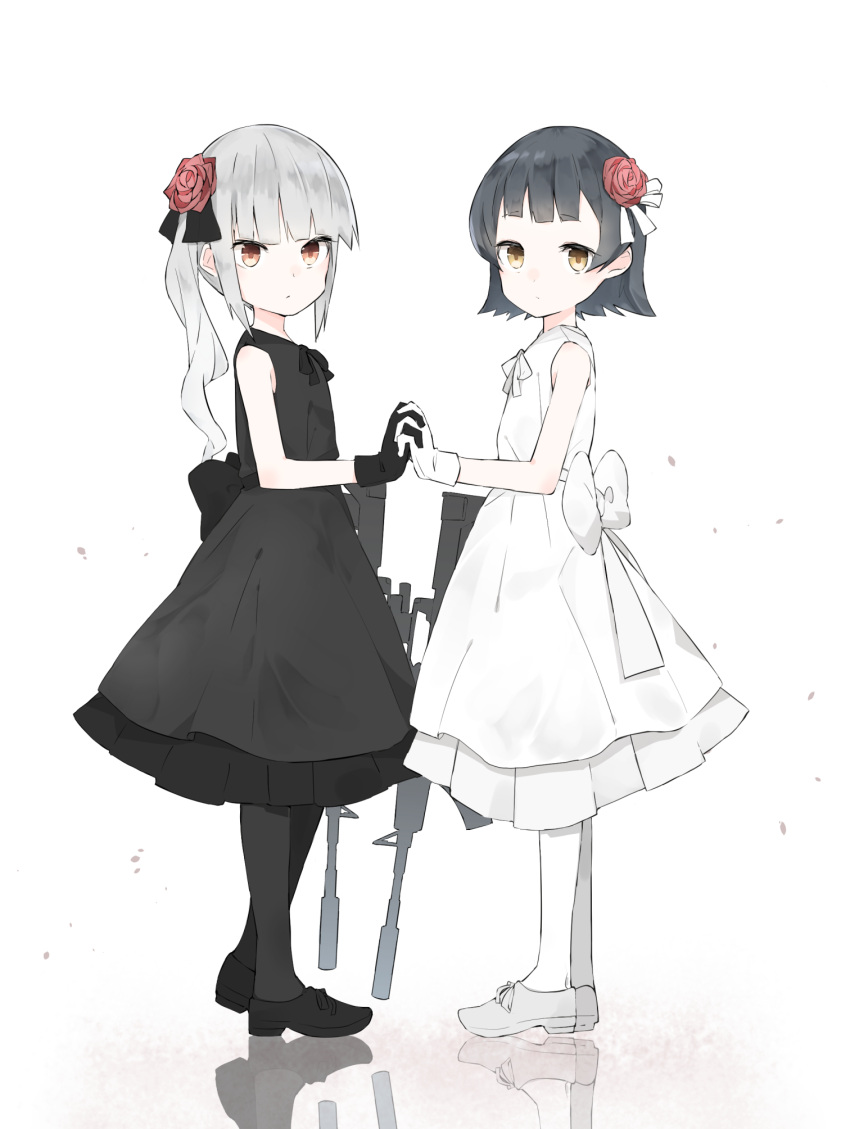 2girls arare_(kantai_collection) bangs black_dress black_gloves black_hair black_legwear bow dress eyebrows_visible_through_hair flower gloves grey_hair gun hair_flower hair_ornament highres holding_hands kantai_collection kasumi_(kantai_collection) long_hair multiple_girls ooyama_imo ponytail reflection ribbon rose shoes short_hair side_ponytail sleeveless sleeveless_dress weapon white_dress white_gloves white_legwear