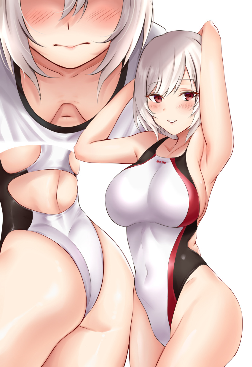 1girl absurdres armpits arms_behind_head ass breasts collarbone competition_swimsuit covered_navel cowboy_shot crimecrime downblouse highleg highleg_swimsuit highres large_breasts looking_at_viewer multiple_views one-piece_swimsuit original red_eyes short_hair simple_background swimsuit white_background white_hair white_swimsuit