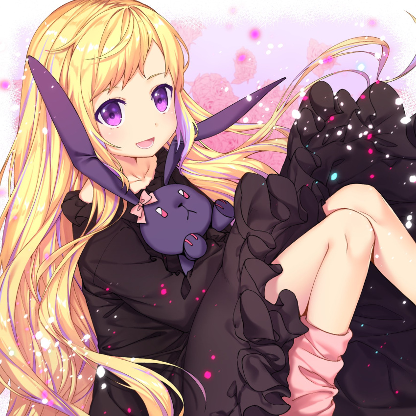 1girl :d alternate_costume alternate_hairstyle bangs black_dress blonde_hair collarbone commentary_request dress elise_(fire_emblem_if) eyebrows_visible_through_hair fire_emblem fire_emblem_if floral_background flower highres knees_together_feet_apart knees_up long_hair looking_at_viewer loose_socks multicolored_hair object_hug open_mouth pink_flower pink_legwear pink_rose purple_hair rose rose_background sitting smile solo streaked_hair stuffed_animal stuffed_bunny stuffed_toy transistor very_long_hair violet_eyes